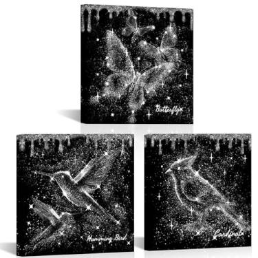 Imagem de Conipit Impressões de arte de parede celestial, pássaros de constelação de estrelas preto e branco, conjunto de 3, cardeal beija-flor borboleta (pequeno)