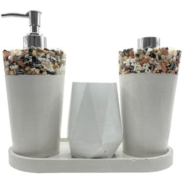 Imagem de Kit Lavabo Artesanal com Pedras Naturais – Saboneteira, Porta‑Escovas e Aromatizador com Varetas – Decoração Rústica e Sofisticada para Banheiro, Lavabo ou Escritório Prata