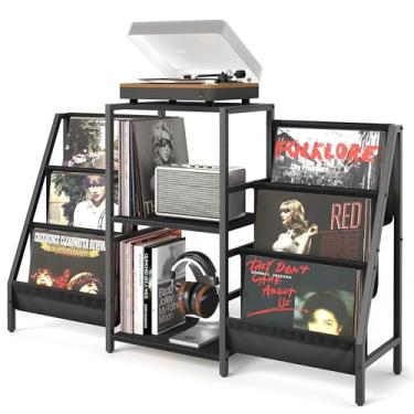 Imagem de Suporte para toca-discos com armazenamento de vinil, mesa de toca-discos com armazenamento de discos de vinil de até 280 álbuns, suporte giratório com prateleira de exibição de suporte de disco