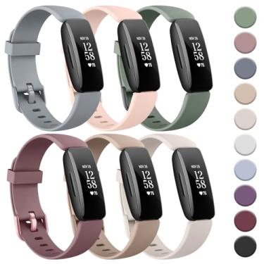 Imagem de Tobfit Pacote com 6 pulseiras esportivas compatíveis com Fitbit Inspire 2 para mulheres e homens, pulseiras de substituição de silicone macio à prova d'água compatíveis com Fitbit Inspire 2/Fitbit Ace 3, cinza/rosa claro/verde sálvia/luz das estrelas/roxo malvado/luz das estrelas