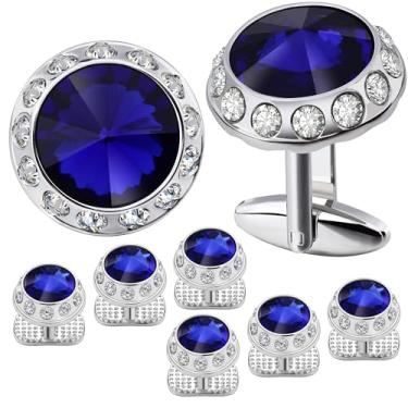 Imagem de Abotoaduras de cristal e conjunto de 6 piercings de smoking para homens e mulheres – Acessórios de festa de casamento Azul