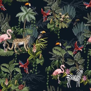 Imagem de Livelynine Papel de parede de 44,5 x 701 cm selva escura descascar e colar verde esmeralda tropical botânico floresta negra destaque papel de parede rosa flamingo pássaros tigre locatário amigável