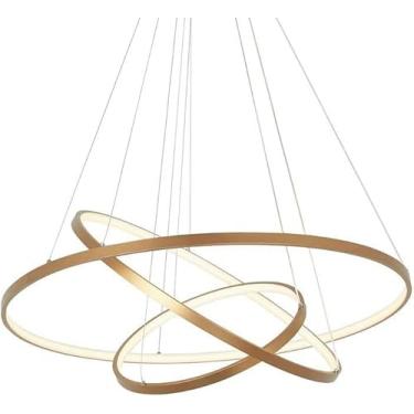 Imagem de Lustre De 3 Anéis Led Círculo Pingente De Luz Lâmpada Suspensa Ajustável Em Acrílico Moderno Sala De Estar Restaurante Lobby Hotel Luz De Teto, Gold+warmlight, 40+60+80cm