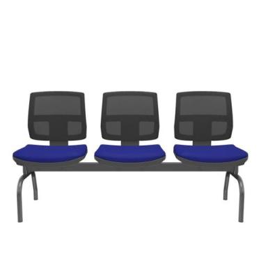 Imagem de Longarina Flora 3 Lugares Encosto Tela Preta Assento Aero Azul Sem Bra