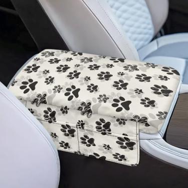 Imagem de Dreaweet Capa de console central fofa preta com estampa de pata de cachorro almofada de descanso de braço de carro com bolsos capa macia confortável para apoio de braço grosso ajuste universal