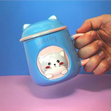 Imagem de Caneca Porcelana 3D com Tampa e Colher Gatinho Azul - Alegria e Delicadeza na Sua Bebida Favorita