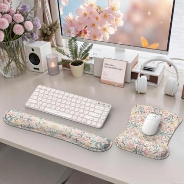 Imagem de iCasso Mouse pad ergonômico, descanso de pulso para teclado, mousepad de espuma viscoelástica com suporte de pulso, fácil digitação e alívio da dor no pulso, teclado para computador (floral rosa)