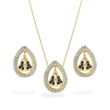 Imagem de Conjunto Brinco e Colar Feminino Pingente Nossa Senhora de Aparecida Banhado a ouro 18k Cravejado com Pedras Zircônias Azuis, Cor Dourado Semijoia Banho paládio antialérgico