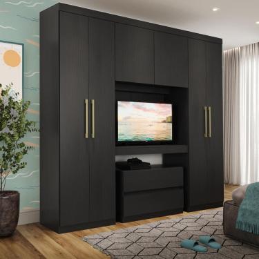 Imagem de Guarda Roupa Infantil 6 Portas 2 Gavetas Porto Preto com Painel de TV