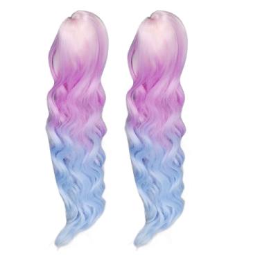 Imagem de Doll Wigs Gradiente Cor Cabelo Falso Longo Curly Com Clipe Alta Temperatura Água de seda macia Curvatura Ripple para decoração e modificação de bonecas de algodão 2pcs 25cm (Gradiente azul roxo rosa)