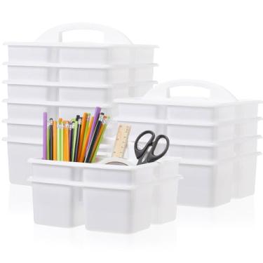 Imagem de Threehoney Pacote com 12 cestos de armazenamento para sala de aula com alça, 3 compartimentos de plástico, organizador de armazenamento a granel para artes, escritório, lápis, marcador de giz de cera
