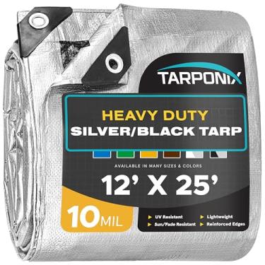 Imagem de Tarponix Lona resistente de dupla face de 3,5 m x 6,8 m – capa prateada e preta resistente a rasgos de 10 mil com bordas reforçadas e ilhós antiferrugem