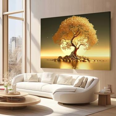 Imagem de Quadros Decorativos para Quarto Sala 90x60 Arvore Dourada Horizontal Grande Escritório Hall