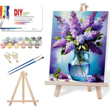 Imagem de VIGEGU Kit de pintura de flores por números para adultos com moldura - Tinta de flor lilás por número com cavalete de madeira, faça você mesmo, kit de pintura para adultos por números, pacote com