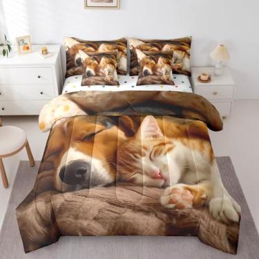 Imagem de jejeloiu Conjunto de edredom infantil fofo de cachorro e gato, 7 peças, tamanho kawaii, filhote, gatinho dormindo, para meninos, meninas, animais em uma bolsa com edredom, lençóis, fronhas e capas de