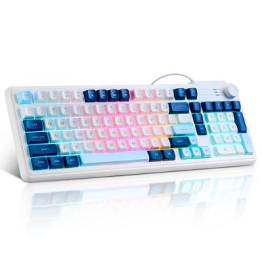 Imagem de Guiheng Teclado para jogos cremoso de LED arco-íris com fio, lindos teclados cremosos com botão de LED retroiluminado, teclado numérico para escritório, jogos - branco e azul