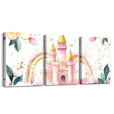 Imagem de Feelyou Castelo de princesa infantil arte de parede em tela para sala de estar quarto imagem floral rosa decoração de parede meninos meninas 3 peças pintura de parede decoração de princesa decoração