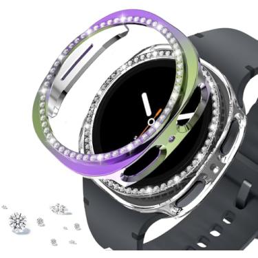 Imagem de DEALELE [Pacote com 2 capas compatíveis com Samsung Galaxy Watch 8 de 44 mm, capa protetora de PC de diamante de linha única brilhante para reposição (44 mm, arco-íris + transparente)