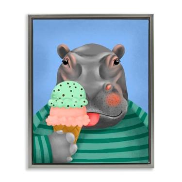 Imagem de Stupell Industries Design de arte de parede em tela flutuante cinza com cone de sorvete e hipopótamo por Jilly Jack Designs, 78 x 63 cm