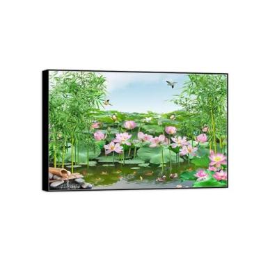 Imagem de Impressão em tela de paisagem - Lago Lótus - Pintura de arte de parede da natureza - Pôster de decoração de moldura preta para sala de estar moderna 40 x 60 cm 16 x 24 pol