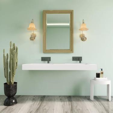 Imagem de HIGEINE Pia de banheiro atualizada para montagem na parede - pia de vaso de vaidade de superfície sólida de resina de pedra branca fosca, design moderno pendurado na parede ou bancada, retangular sem