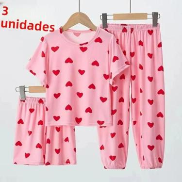 Imagem de Conjunto De Pijamas De Verão Para Meninas 3PCS Com Camiseta De Manga C