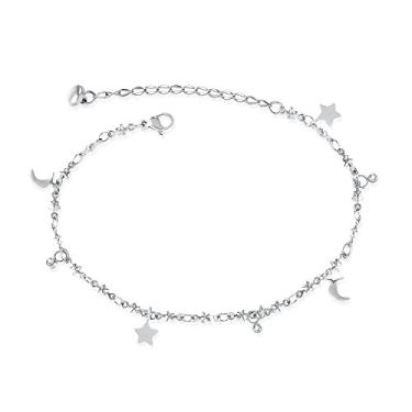 Imagem de MONIYA Tornozeleira de aço inoxidável Lua e estrelas zircônia cúbica para mulheres, tom prateado/ouro rosa