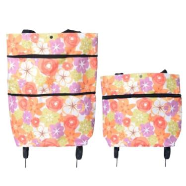 Imagem de Carrinho De Feira Dobrável Com Rodinhas e Alça Para Supermercado Feira Padaria Farmácia e Transportar Sacolas de Compras e Produtos Diários(Flor Laranja)