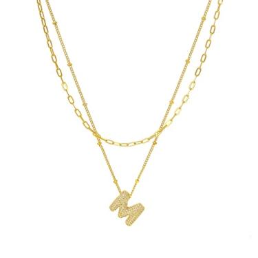Imagem de Tasunom Colar com inicial de camada dupla, banhado a ouro 14K, pingente de letra de cristal CZ disponível, A-Z, Medium, Latão, Sem Pedra Preciosa