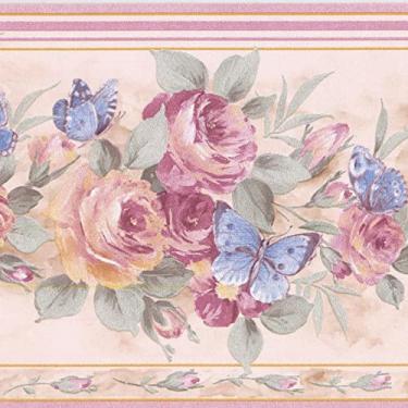 Imagem de Papel de parede bordas flores borda rosa azul branco clássico 38 cm x 18 cm 29427