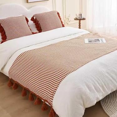 Imagem de Cachecol para cama de hotel, listrado, sofá, cobertor com borlas, moderno, cor sólida, colcha, decorativo, quarto, confortável, protetor de cama luxuoso, ponta de cama, vermelho||Apenas 2 fronhas 45 x