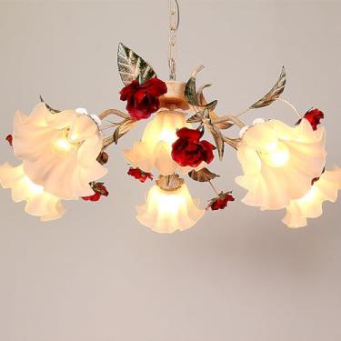 Imagem de Lustre de quarto de meninas com 6 luzes para quarto, lustre floral de flores rosas, luminária pendente de vidro leitoso, luminária de teto antiga para mesa de jantar, sala de estar, cozinha
