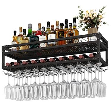 Imagem de Prateleiras de vinho industriais montadas na parede com suportes para taças, 60/80/100/120 cm, suporte de taça de vinho, prateleiras de suporte de garrafa, prateleira de parede para decoração de casa