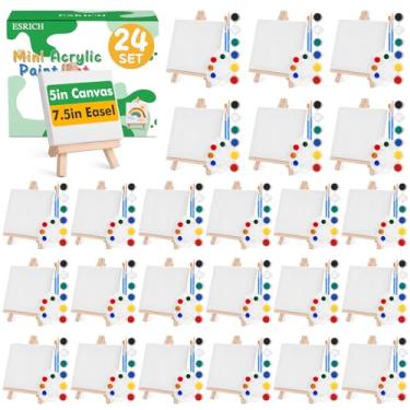 Imagem de ESRICH Conjunto de 24 mini kit de tinta acrílica, mini tela esticada de 12,7 cm com cavalete de 19 cm, tiras de tinta acrílica, paletas de tinta, pincéis de pintura, conjunto de tela pequena e