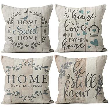 Imagem de M-Qizi Sweet Home Capas de almofada de grão de madeira vintage, presentes de boas-vindas, decoração de quarto de família, decoração de banco de fazenda, varanda de fazenda, fronhas para sofá de cama, conjunto de 45,7 x 45,7 cm, decoração de fazenda para sala de estar