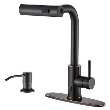 Imagem de AVSIILE Torneiras de cozinha sem toque com pulverizador de puxar para baixo e dispensador de sabão, furo único e alça, torneira de pia de cachoeira de bronze polido a óleo adequada para fazenda