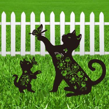Imagem de Riletese Estaca de jardim para gatos ao ar livre, conjunto de 2 enfeites de gramado de metal preto, presente para amantes de gatos fofos para mulheres e homens, resistente ao clima, estátuas de