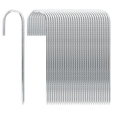 Imagem de SENJEOK Estacas de vergalhão prateadas, âncoras de chão J Hook, 30 cm, pacote com 30, aço galvanizado, para trampolim, cerca, barraca de acampamento