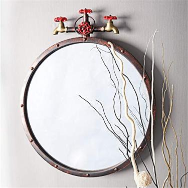 Imagem de Espelho de parede redondo de metal estilo industrial espelho de maquiagem espelho decorativo montado na parede para bares cafés entradas banheiro sala de estar espelho