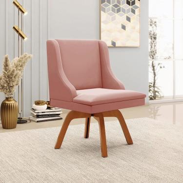 Imagem de Cadeira Decorativa Sala de Jantar Base Giratória de Madeira Firenze Veludo Rosê/Natural G19 - Gran Belo
