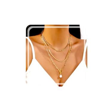 Imagem de Gmai Colares em camadas para mulheres banhados a ouro 3/4/5 peças conjunto de colar empilhável ajustável com pingente de moeda de cruz de pérola delicada ouro prata gargantilha corrente joia presente