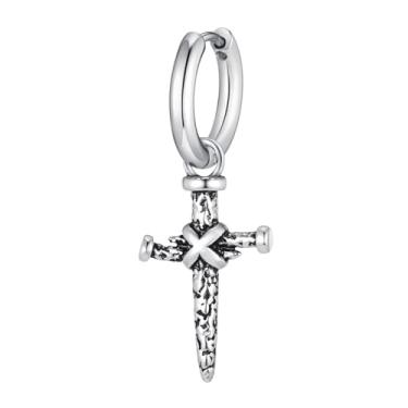 Imagem de Rockyu Brincos de argola para homens e mulheres, aço inoxidável, prata, cruz, unissex, hip hop, presente casual, aniversário, aniversário, ミディアム, Aço inoxidável, Sem pedra preciosa