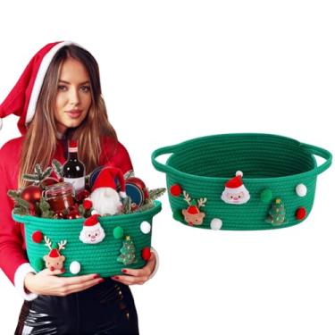 Imagem de Cesta de tecido de Natal para presente de doces, cesta de armazenamento de corda pequena vazia com alças, recipiente decorativo fofo para decoração de festa de inverno (verde)