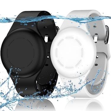 Imagem de Pulseiras de AirTag à prova d'água [2 unidades] compatíveis com Apple Air Tag Finders com silicone macio, capa para localizadores de itens GPS antiperda, preto/branco