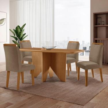 Imagem de Mesa Evora 120 Mdf Canto Copo E Com 4 Cadeiras Athenas Veludo Capuccino-naturalle-naturalle