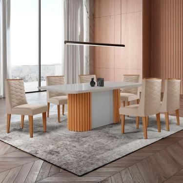 Imagem de Mesa De Jantar Aspen 180cm Tampo Mdf Vidro 6 Cadeiras Safira Veludo Creme /nat/off/serig. Off