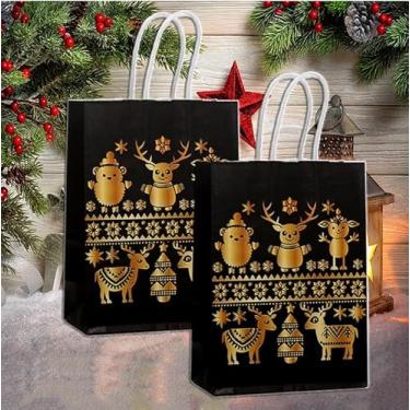 Imagem de 2 peças de lembrancinhas de festa de Natal, preto e dourado, sacos de papel de presente de presente de Natal com alças para árvore de Natal, rena, floco de neve, doces, bolsa para festa de Natal