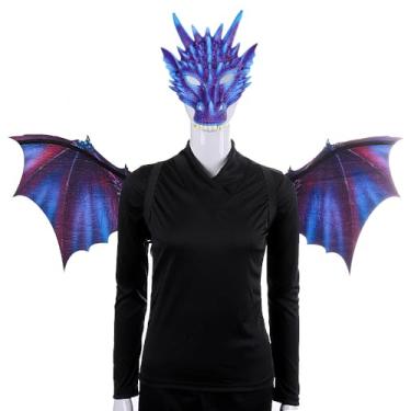 Imagem de JIUMOZHI Halloween Dragon Wings Carnaval baile de máscaras para adultos não tecido asas de dragão cosplay adereços de asa de foto (B, azul roxo)