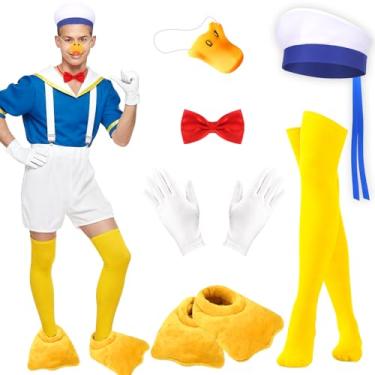 Imagem de kawaarashi 6 peças fantasia de pato de Halloween para adultos - chapéu de marinheiro branco gravata borboleta de nariz de pato amarelo amarelo meia-calça branca luvas brancas para festa de Halloween