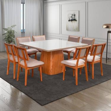 Imagem de Conjunto Mesa Bergame com 8 Cadeiras em Madeira Maciça Estofada Bréscia Espresso Móveis Champagnhe/Off White
